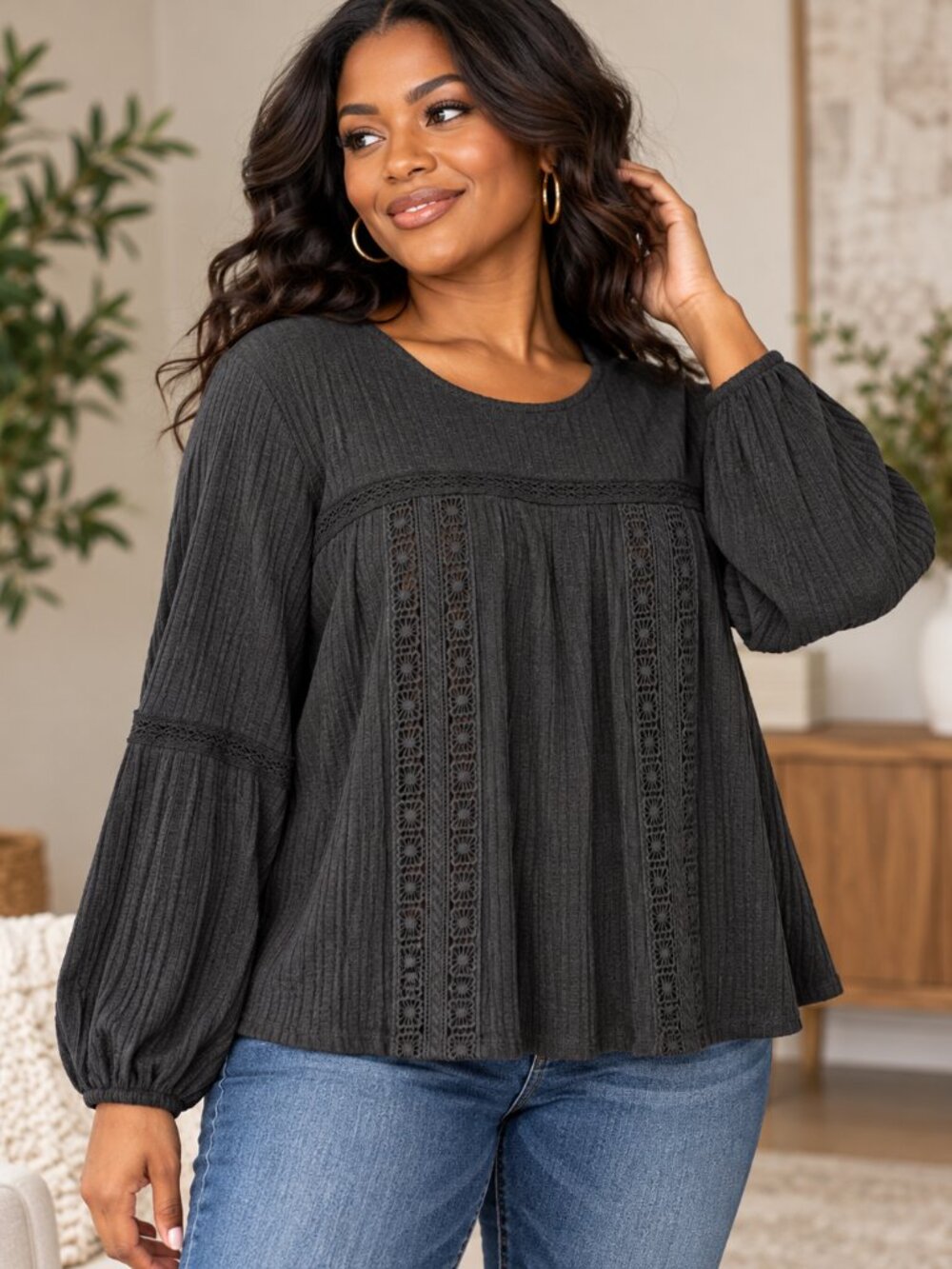 Torrid 2X Black Ribbed Lace Trim Blouse Long Sleeve Boho Romantic NWT